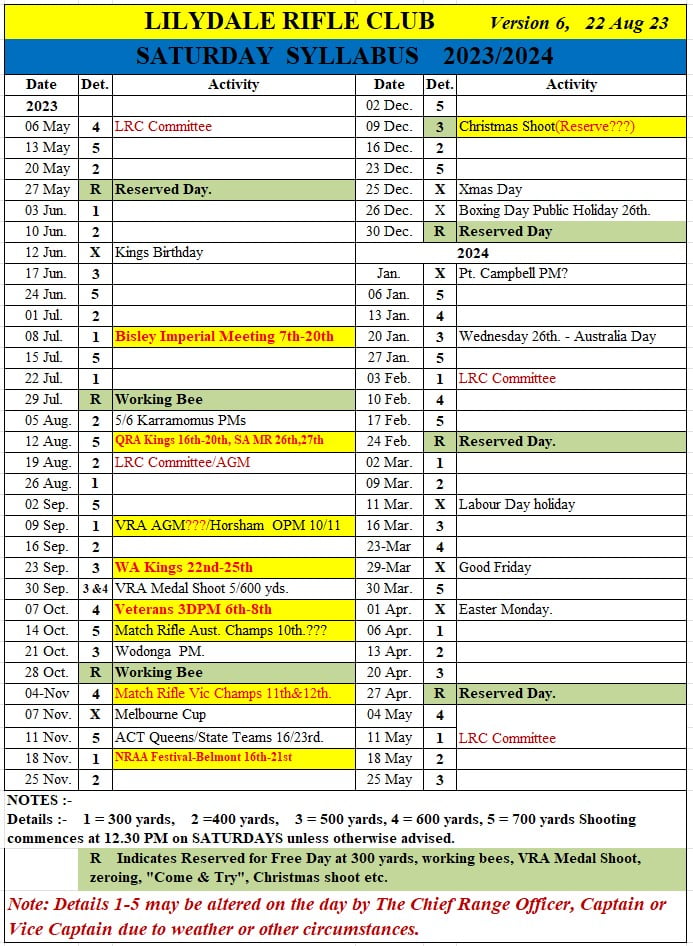 Calendar | Lilydale Rifle Club